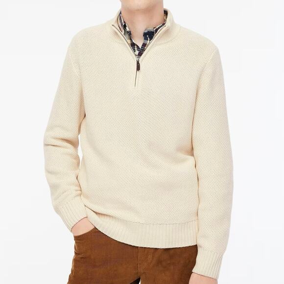 NWT J.Crew Cotton Honeycomb Knit Half-Zip Sweater in Natural Size L - Picture 1 of 9
